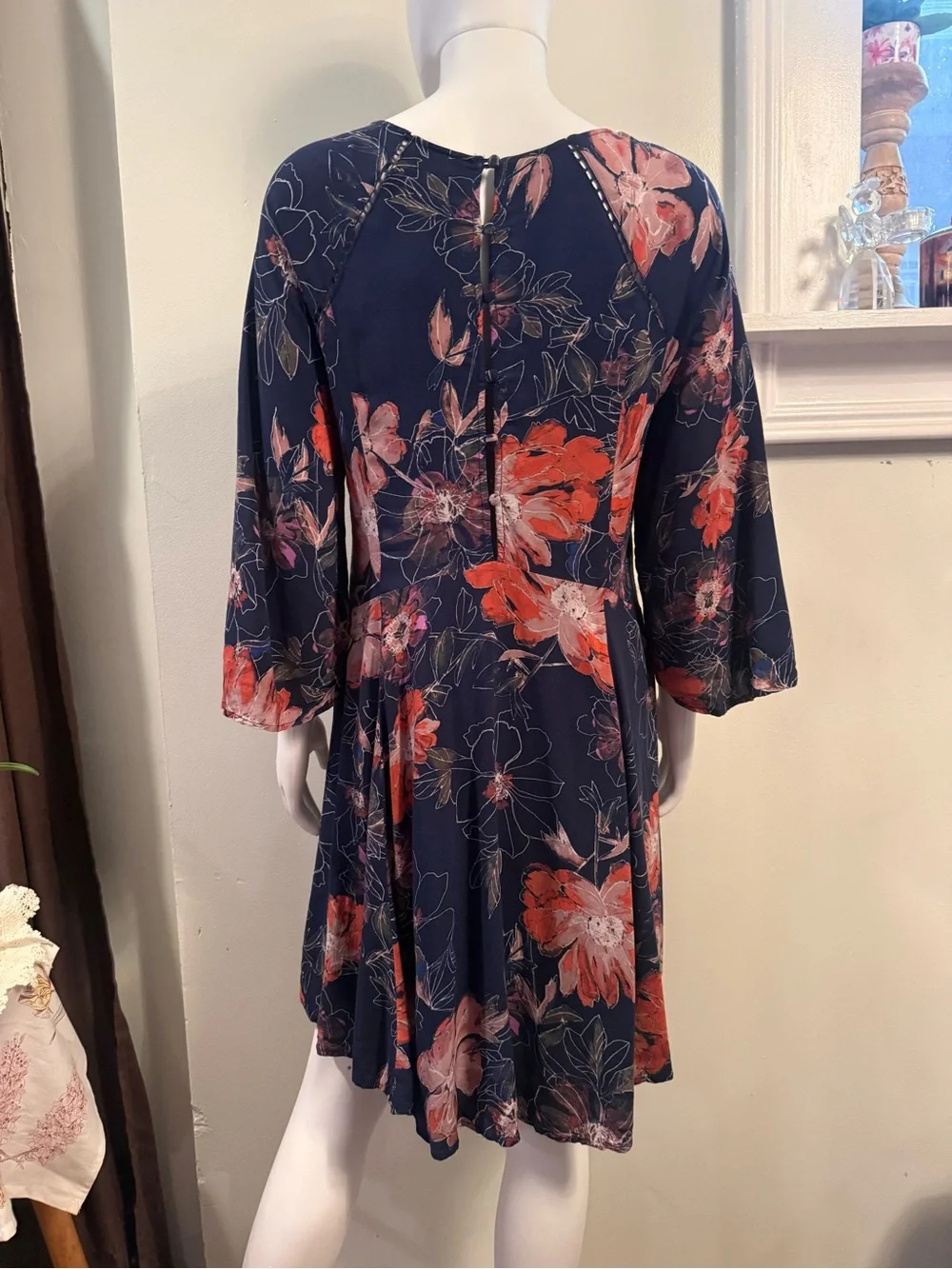 Free People Navy Floral Mini Dress with Coral and Pink Blooms